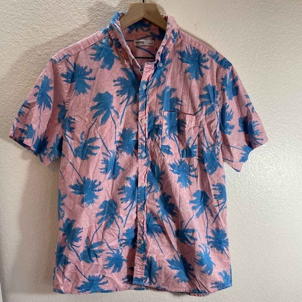 Men’s 100% Cotton Pink Palm Tree Tropical Desert Shirt Size L